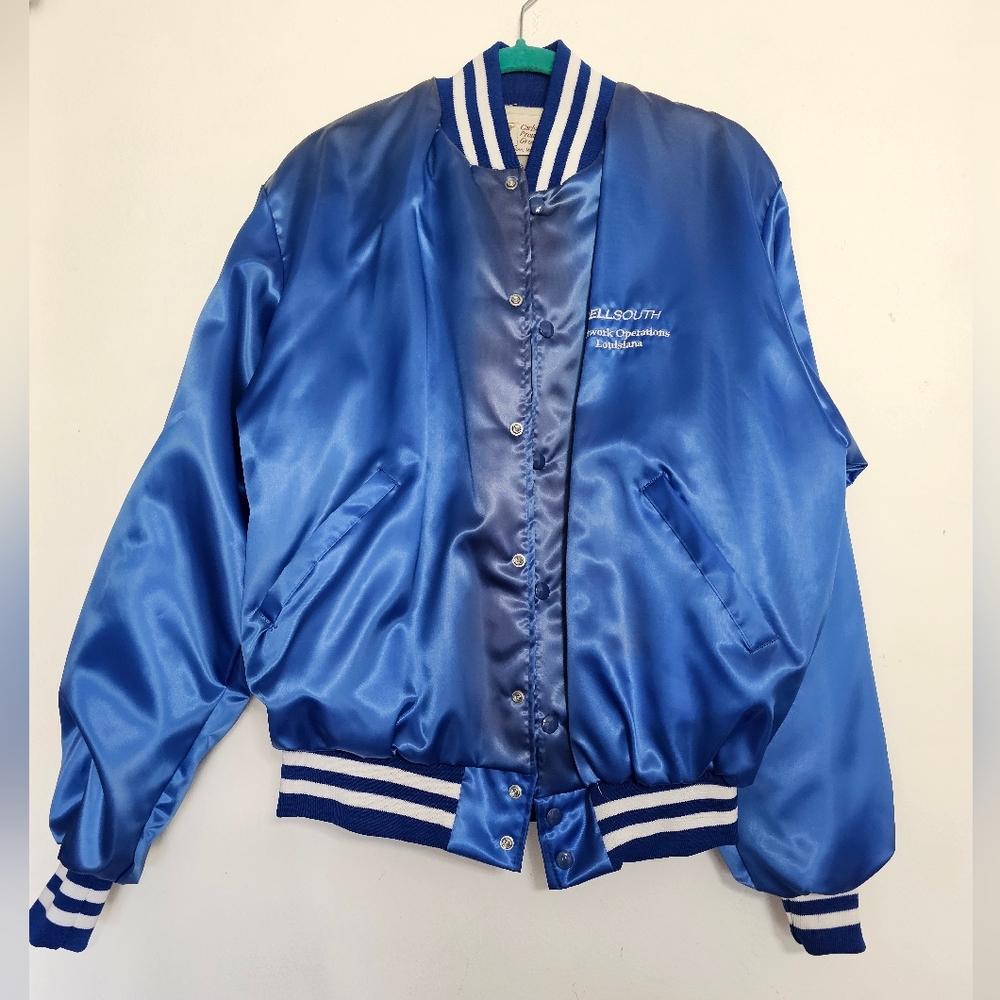 Vintage Bellsouth Network Operations Shiny Blue Nylon Jacket Size Lg Louisiana